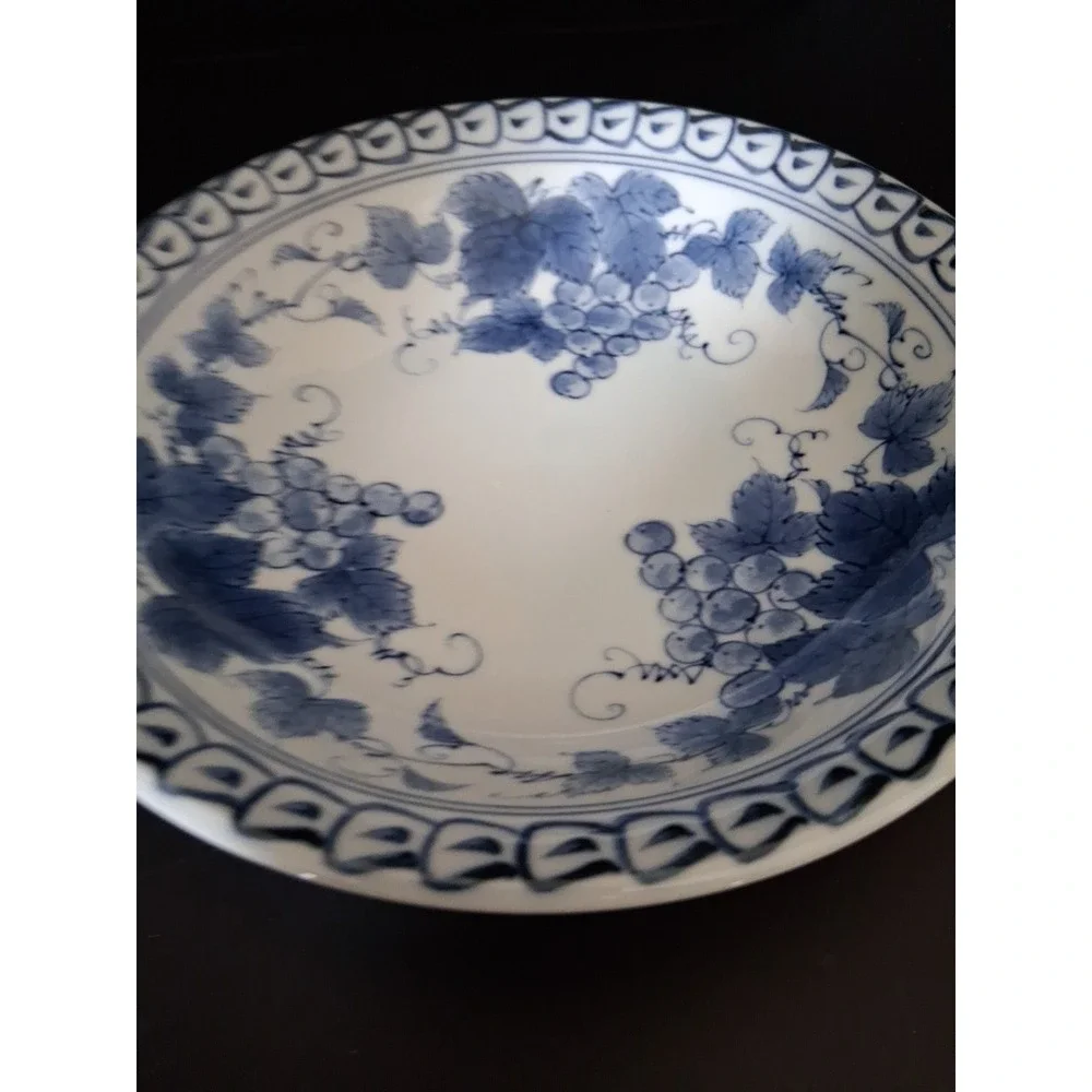 Vintage Blue and White Porcelain Bowl with Grape Design